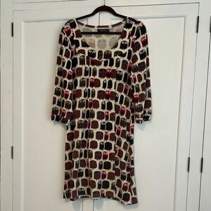 Super cute and cozy Owl Print Long Sleeve Dress - Brown, Red, Cream